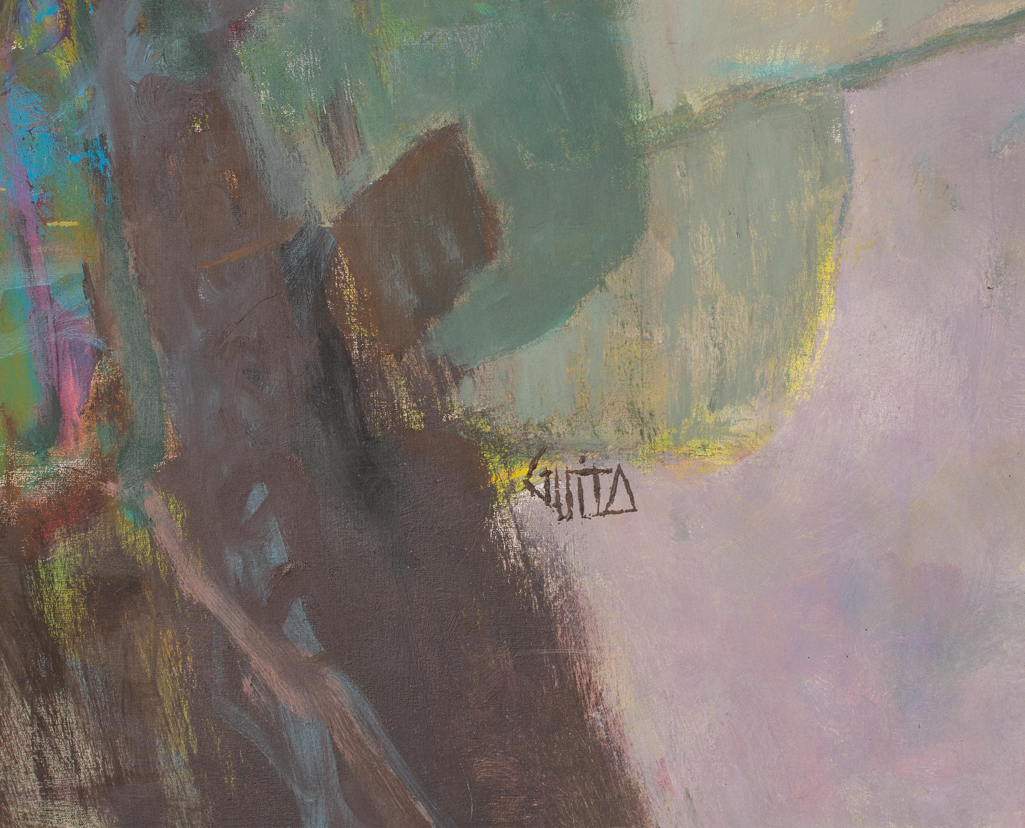 Signature du peintre Guita Moncef sur le tableau d'art du peintre Moncef GUITA, d'expression figurative décrivant l'arbre brisé dans son environnement. Œuvre aux traits graphique et aux couleurs ternes, au coup de pinceau caractéristique de Guita.