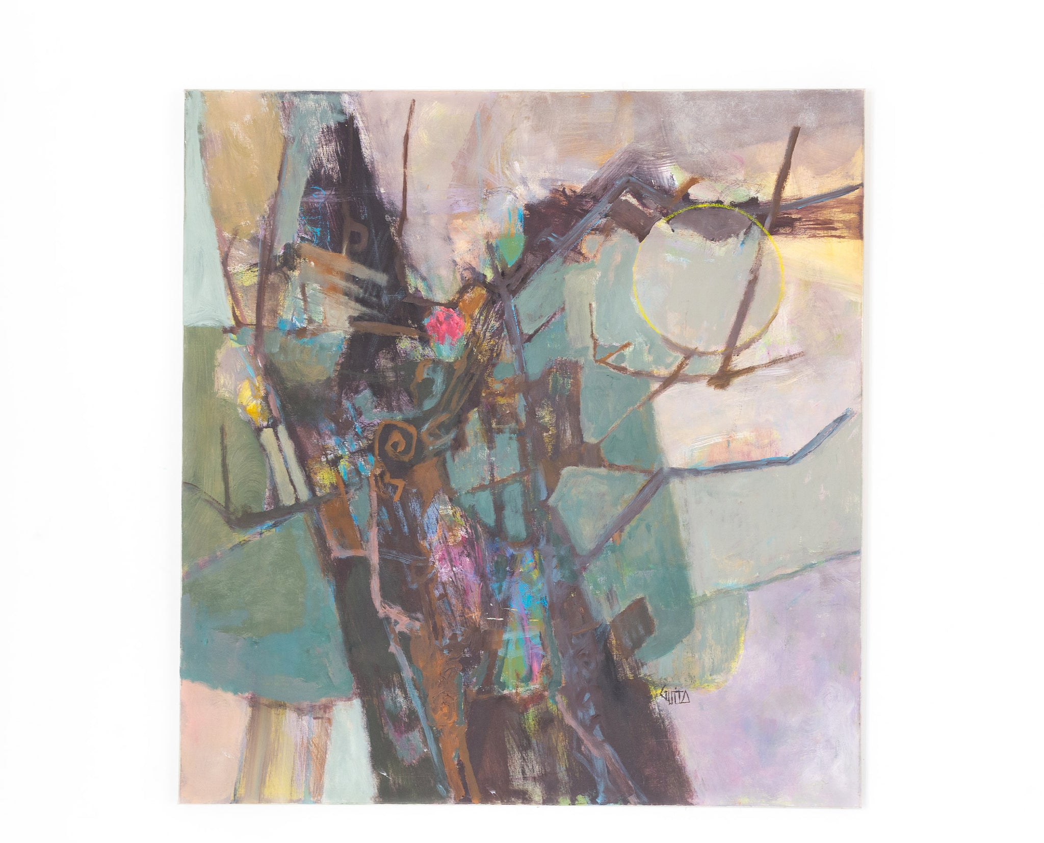 Tableau d'art du peintre Moncef GUITA, d'expression figurative décrivant l'arbre brisé dans son environnement. Œuvre aux traits graphique et aux couleurs ternes, au coup de pinceau caractéristique de Guita.